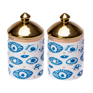 Two Evil Eye Canisters (Set of 2) with gold lids.