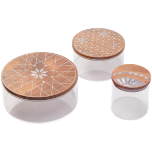 3 acrylic storage jars with mother of pearl wood cover