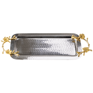 Hammered silver rectangle tray with gold flower handles