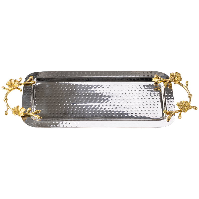 Hammered silver rectangle tray with gold flower handles
