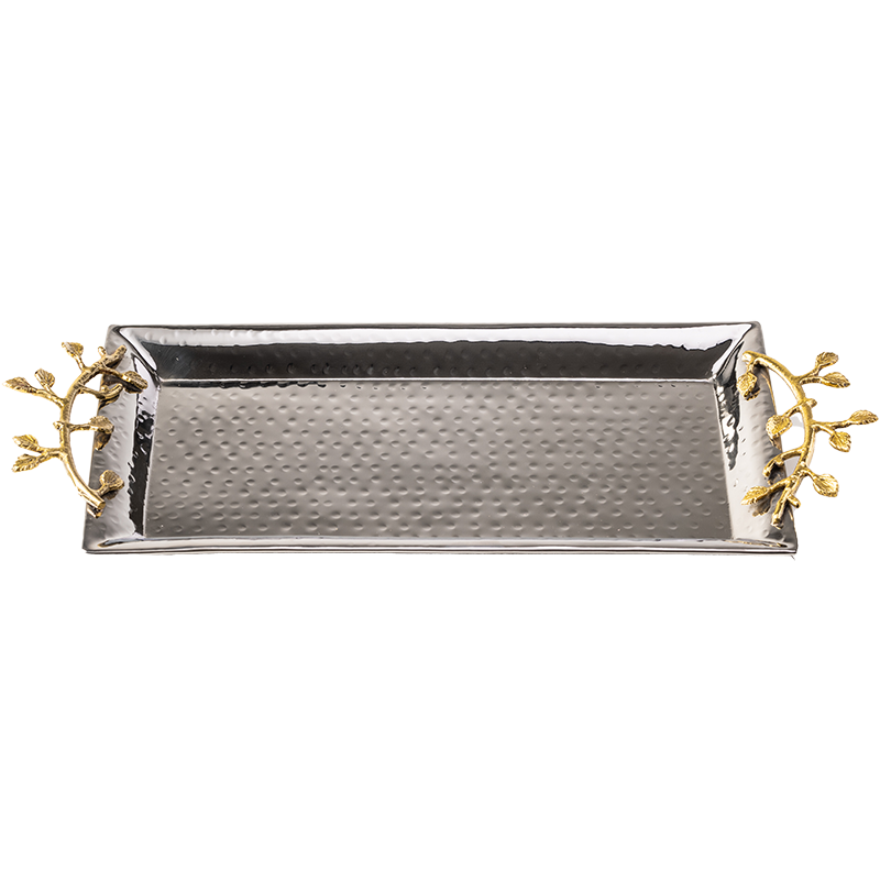 Hammered stainless steel rectangle silver tray with gold leaf handles