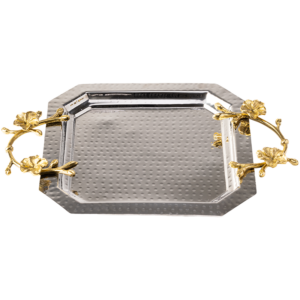 Hammered silver long octagon tray with gold flower handles