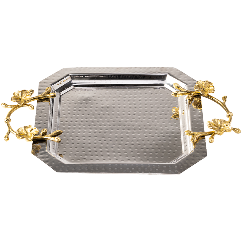 Hammered silver long octagon tray with gold flower handles