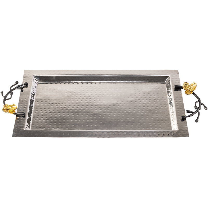 Hammered silver rectangle tray with black handle and gold flower