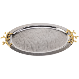 Hammered stainless steel oval silver tray with gold leaf handles