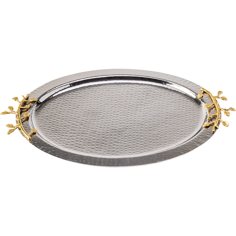 Hammered stainless steel oval silver tray with gold leaf handles