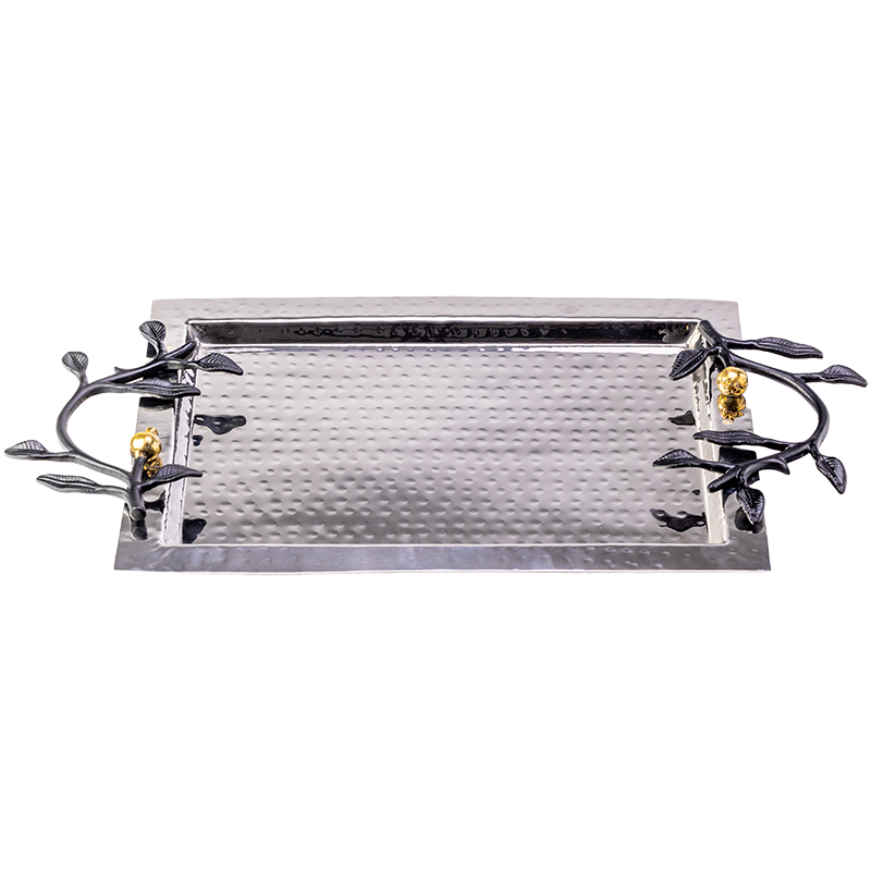 Hammered stainless steel rectangle silver tray with black leaf handles