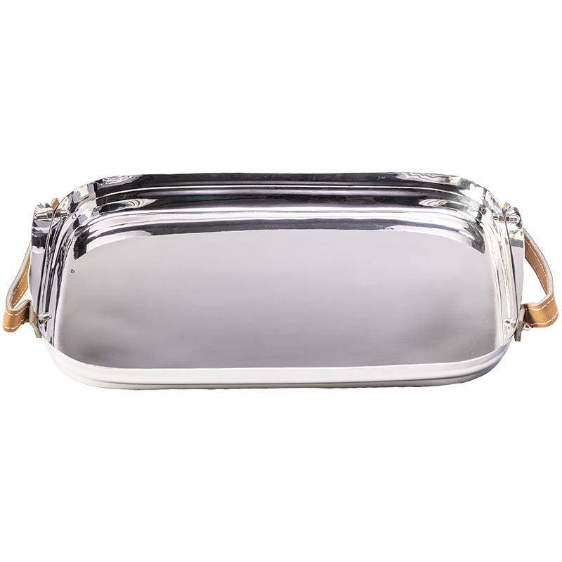 Silver rectangle tray with leather handles