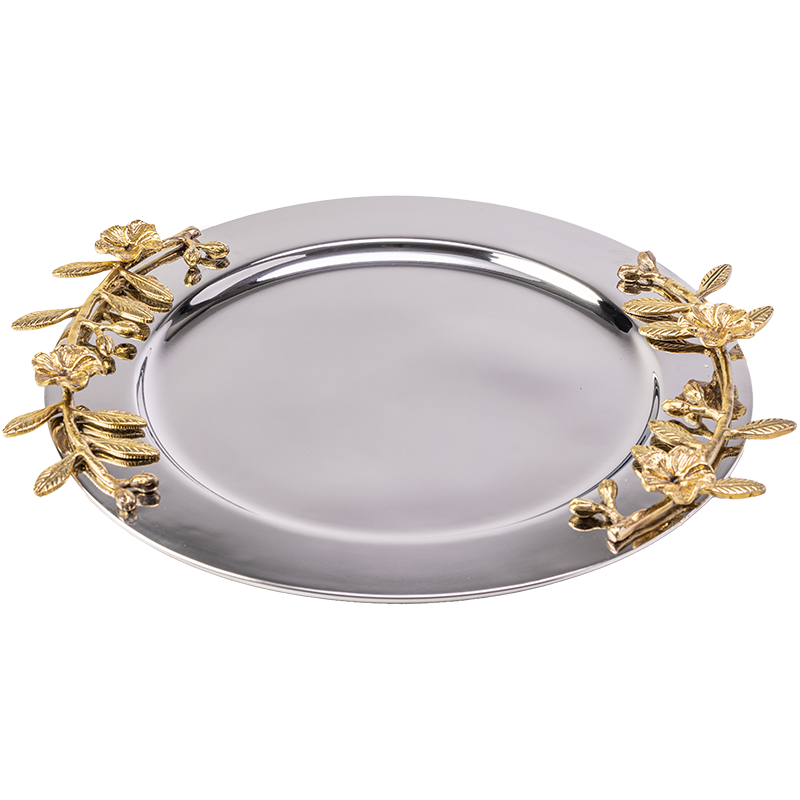Stainless steel and aluminium silver and gold round tray with flower handles