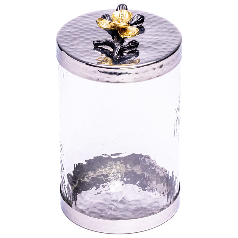 Medium Canister with a Black and Gold Flower Lid.
