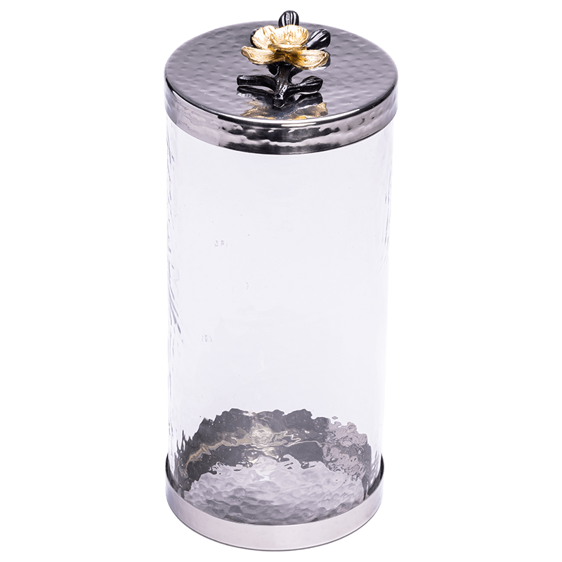 Large Canister with a Black and Gold Flower Lid.