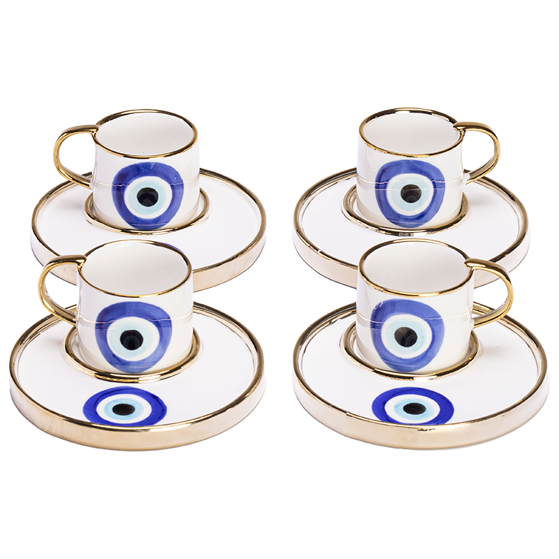 A set of 4 Coffee Cups with an Evil Eye pattern.