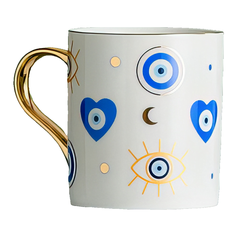 An Azure Heart Mug with blue and gold designs.