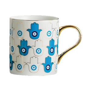 An Azure Hamsa Mug with a hamsa hand on it.