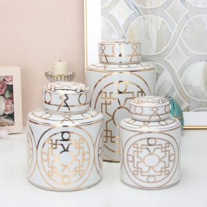 3 ceramic white and gold jars with lid