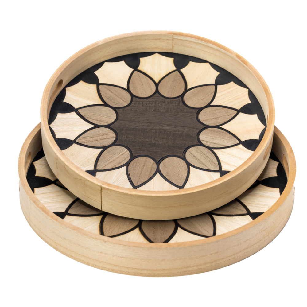 Two nested wooden serving trays with mosaic flower pattern