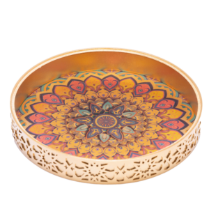 A vibrant gold decorative tray with an intricate and colourful design.