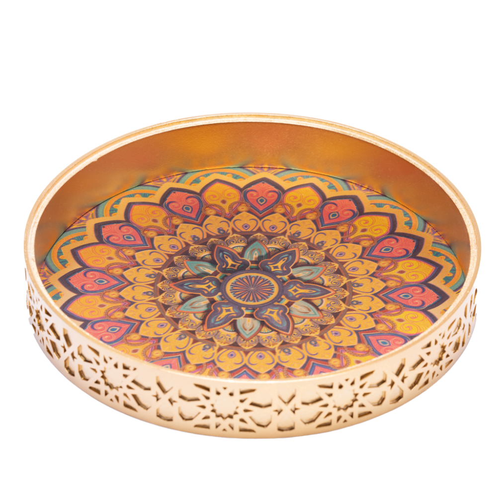 A vibrant gold decorative tray with an intricate and colourful design.