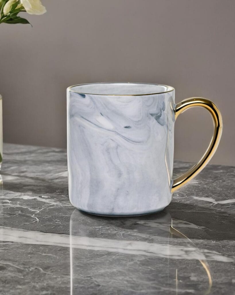 Ceramic mug with a granite look and a golden handle on a marble top.